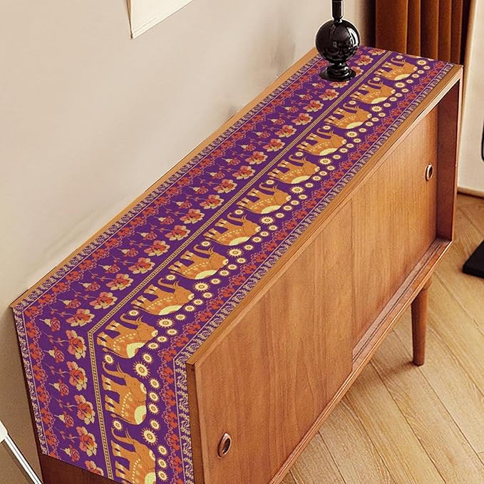 African Tribal Table Runner, Rustic Elephants Floral African Indian Diwali Art Print Purple Coffee Table Center Decor for Home Kitchen Holiday Party Farmhouse Outdoor Table Decorations, 13"x108"