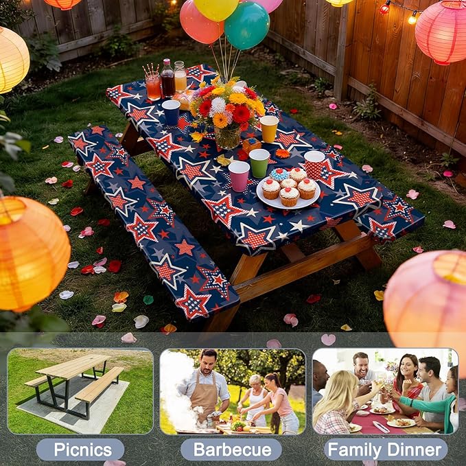 Picnic Table Cover with Bench Covers Windproof Waterproof Picnic Table Covers Camping Tablecloth with Self-Storage Bag, 72in, Starry Navy
