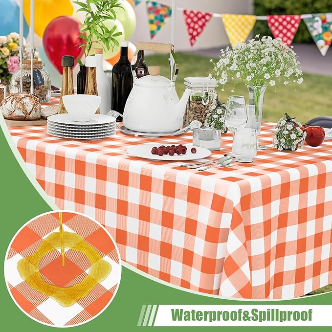 Smiry 3 Pack Orange Gingham Disposable Tablecloths - 54" x 108" Heavy Duty Plastic Table Cloth, Waterproof Buffalo Plaid Table Covers for Picnic, Banquets, Outdoor Parties