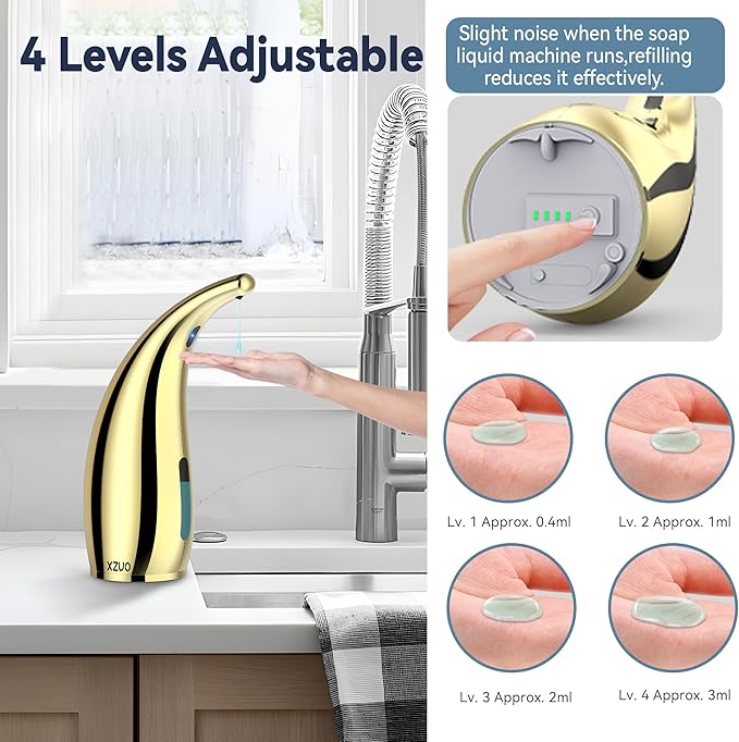 Automatic Soap Dispenser with Infrared Sensor - Adjustable 4-Level Touchless Hand Soap for Kitchen, Bathroom - Rechargeable Dispenser, Durable Plastic, Smart Soap Holder（Rechargeable Gold）