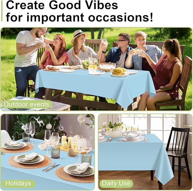 QIKSION Light Blue Plastic Table Cloth Disposable 3 Pack, 54 x 108 Inch Tablecloths for Baby Shower Birthday Party, Easter Decorations, Rectangle Table Cover