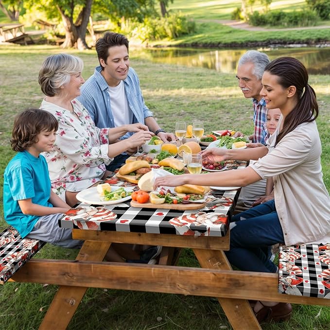 Valentine's Day Picnic Table Cover with Bench Covers, Camping Essentials, Valentines Decor Waterproof Windproof, Fitted Tablecloth Cover with Elastic Edge, Outdoor Table Covers, 3 PCS, 30x72 Inch