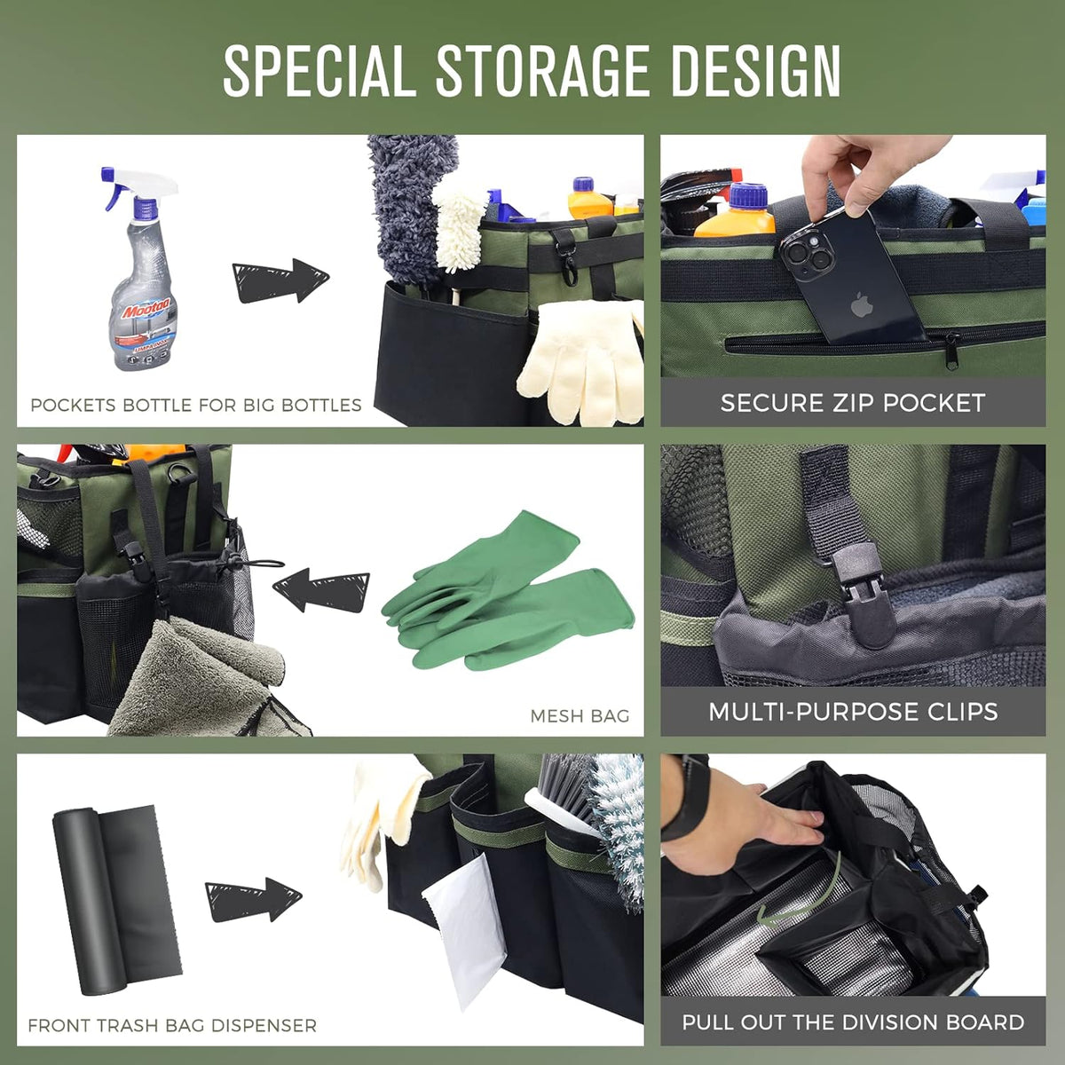 Wearable Cleaning Caddy Organizer with Handle & Shoulder Straps for Housekeepers, Under Sink & Car Cleaning Tool Organizer Bag with 4 Foldable Dividers (Green)