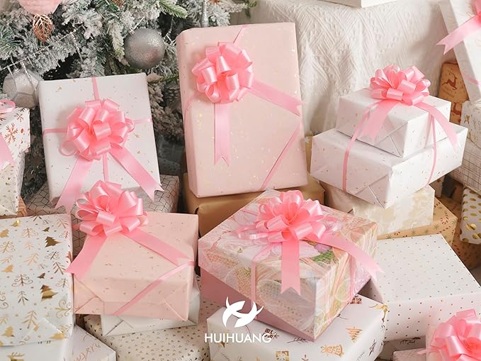 HUIHUANG Pink Bows for Gift Wrapping 12 PCS Pull Bows 4" x 8" Satin Gift Bow for Presents, Gift Basket, Paper Bag, Baby Shower Favors, Wrapping Accessories, Wedding Christmas Decor