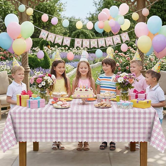 2 Pack Pink Gingham Tablecloths, Pink and White Checkered Tablecloths Disposable Plastic Pink Plaid Table Cover for Easter Mother's Day Wedding Birthday Anniversay Baby Bridal Shower