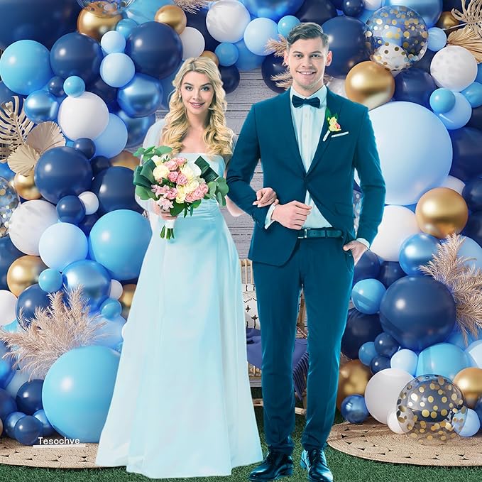 Navy Blue Balloon Garland Arch Kit, 151 Pcs Blue and White Chrome Gold Balloons with Gold Confetti Balloons for New Year Graduation Party Supplies Men Birthday Anniversary Wedding Decorations