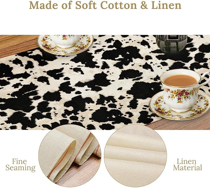 Cow Print Table Runner, Black White Animal Fur Skin Rustic Cowhide Pattern Table Runner for Kitchen Farmhouse Dining Home Outdoor Party 13x90in