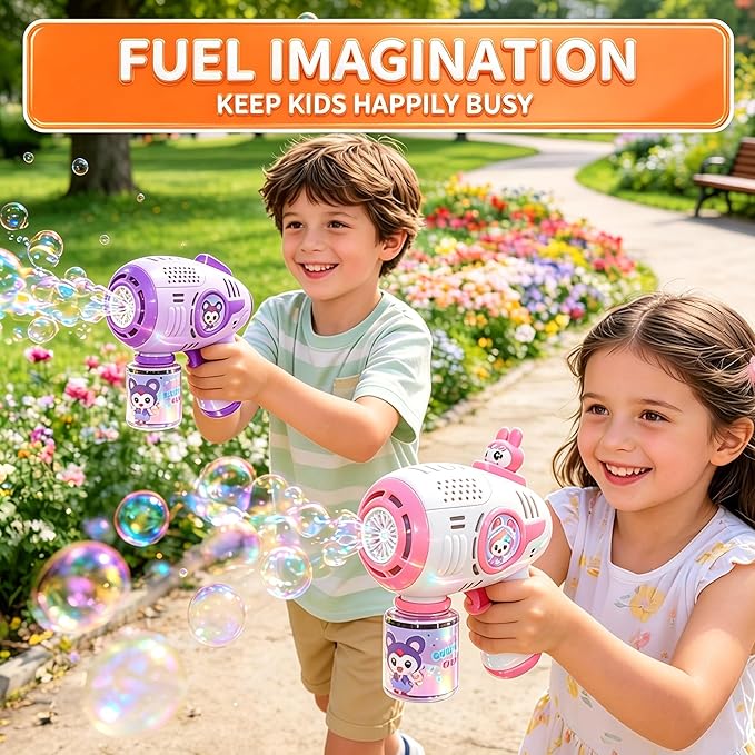 Kids' Bubble Gun, 4 Bottles of Bubble Solution Plus 20 Packets of Bubble Liquid, Toddler Bubble Gun, Sizes 1-3 (4-8), Party Gift, Summer Toy, Outdoor, Easter, Birthday Gift, for Boys and Girls.