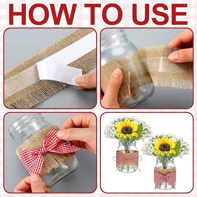 Daifunli 6 Set Picnic Party Centerpieces for Table Mason Jar Table Decor with Artificial Flowers Red Gingham Ribbon for Picnic Birthday Party BBQ Baby Shower Wedding(6,Sunflower & Baby's Breath)