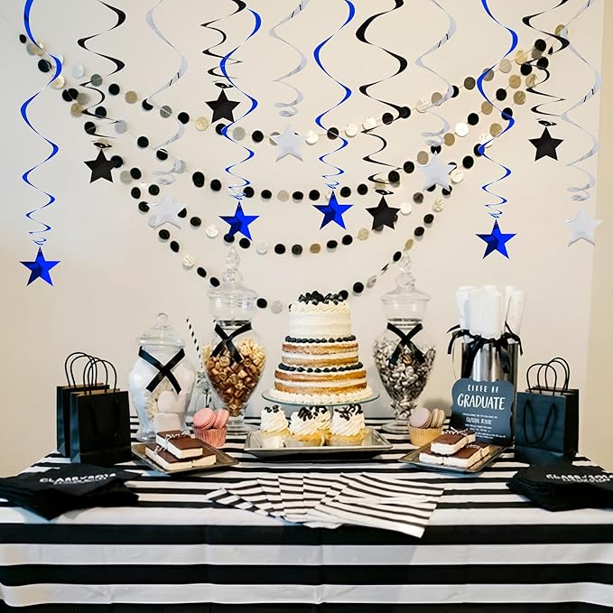 BEISHIDA Blue Black Silver Stars Hanging Swirls Graduation Hanging Ornament Decorations for Birthday Party Retirement Congrats Grade 2026 Graduation Decorations,Pack of 15