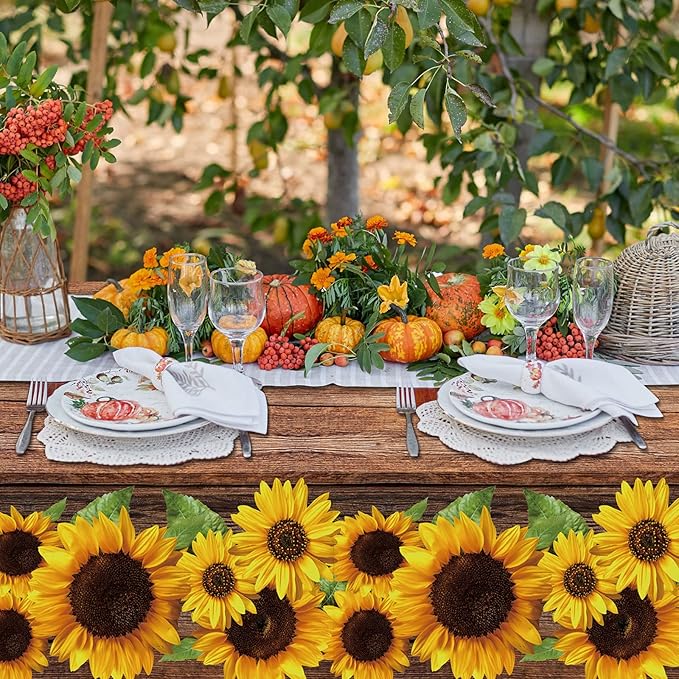 Tegeme 6 Pcs Sunflower Wood Grain Plastic Rustic Tablecloth Vintage Rectangle Table Covers Countryside Outdoor Tablecloth for Dining Table Kitchen Party Banquet, 54 x 108 Inch