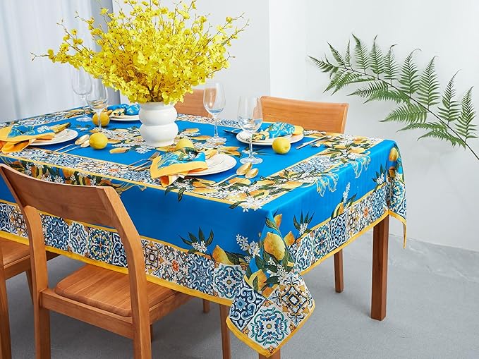 YiHomer Provence Blue Lemon Mediterranean Tile Tabletop for Spring Summer Decorations, Picnics and Dinner Parties - Indoor Outdoor, Stain and Water Resistant, Tablecloth, 60 x 140 Rectangle