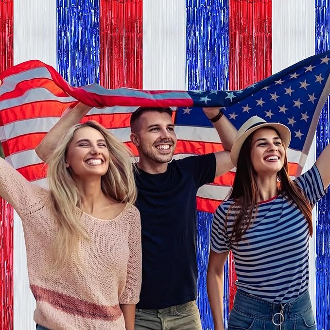 BEISHIDA 3 Pcs Red Blue White Door Streamers Curtain July 4th Party Streamers Backdrop 4th of July Party Wall Background for Party Decoration Photo Booth Props(3.28 ft x 6.56 ft)