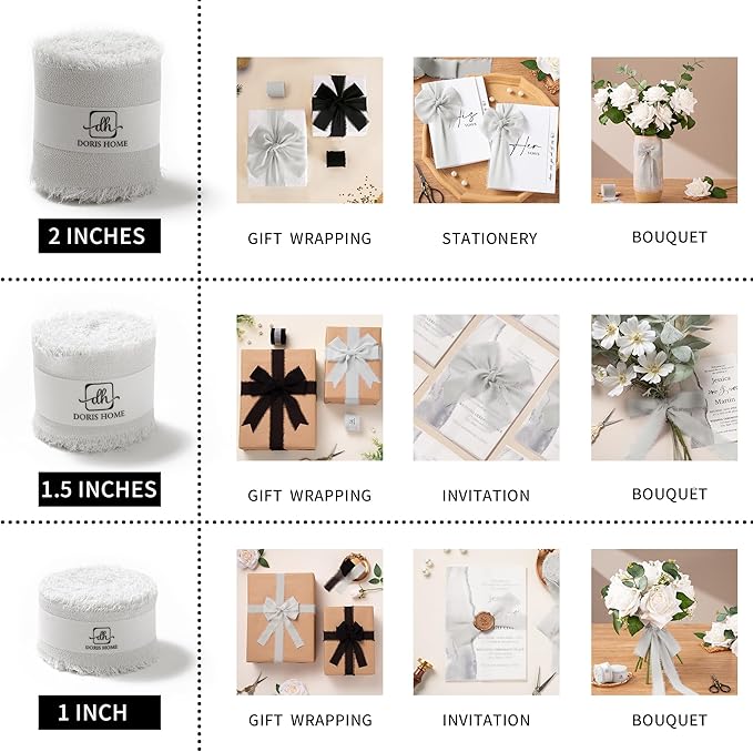 DORIS HOME Light Grey Chiffon Ribbon for Flower Bouquet, 2" x21Yd Fabric Ribbon for Gift Wrapping, Handmade Frayed Ribbon for Wedding, Chiffon Silk Ribbon for Christmas Decorations