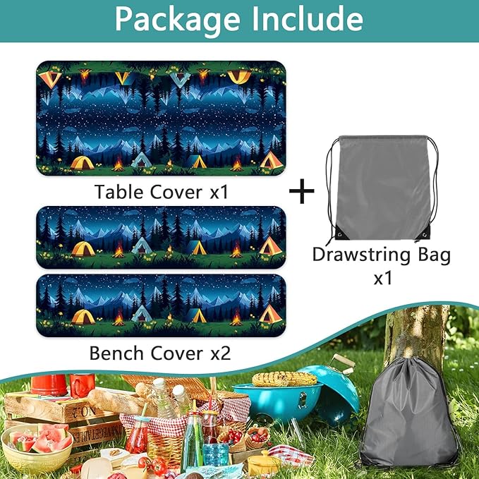 Camping Picnic Table Cover with Bench Covers, Camping Essentials, Forest Campfire Tent Flowers Outdoor Table Covers, Waterproof Windproof, Fitted Tablecloth Cover with Elastic Edge, 3 PCS, 30x72 Inch