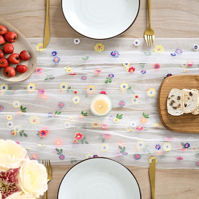 Artoid Mode 3PCS Embroidery Daisy Gauze Table Runner 120 Inch 10FT, Seasonal Sheer Kitchen Dining Holiday Wedding Birthday Table Decor for Home Party