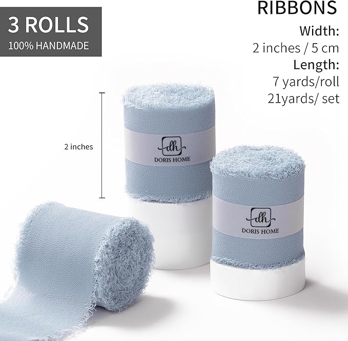 DORIS HOME Dusty Blue Chiffon Ribbon for Flower Bouquet, 2" x21Yd Fabric Ribbon for Gift Wrapping, Handmade Frayed Ribbon for Wedding, Chiffon Silk Ribbon for Christmas Decorations