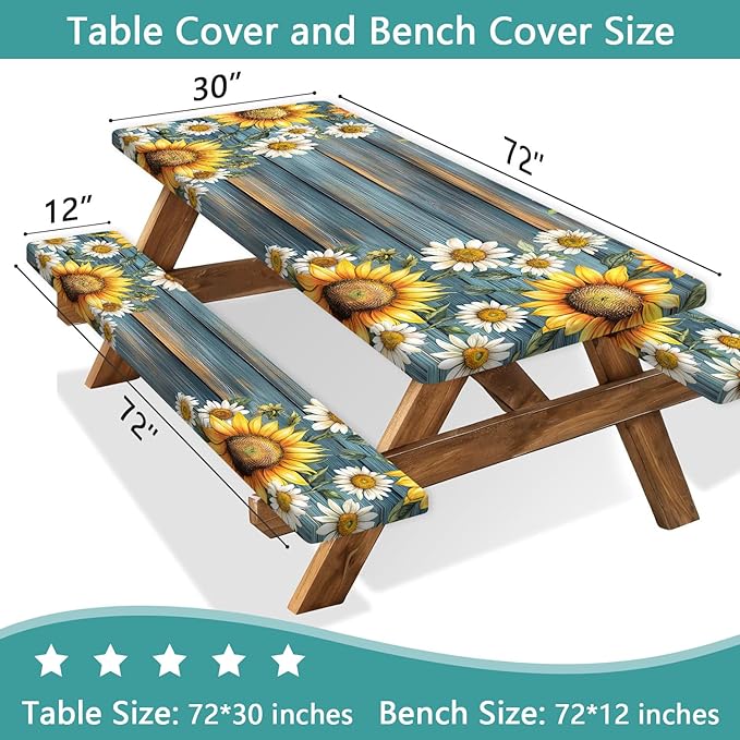 Picnic Table Cover with Bench Covers Camping Essentials Waterproof Windproof Camping Tablecloth with Drawstring Bag, Fitted Rectangle Tables and Seats, 72in, Teal Wooden Sunflower