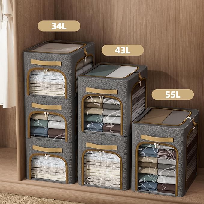 CYhom Clothes Storage Bins with Metal Frame,3 See-Through Windows Openings Clothing Storage Bin,3 Pack Foldable Storage Bins Boxes for Closet (Dark Grey, 55L-16.5 x 12.6 x 16.1IN)