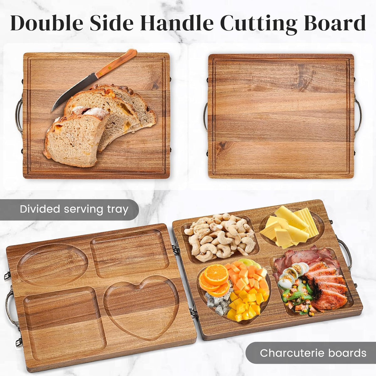 Double Side Acacia Wood Serving Tray, Serving Platters and Trays, Charcuterie Boards Wooden Tray with Vintage Metal Handles