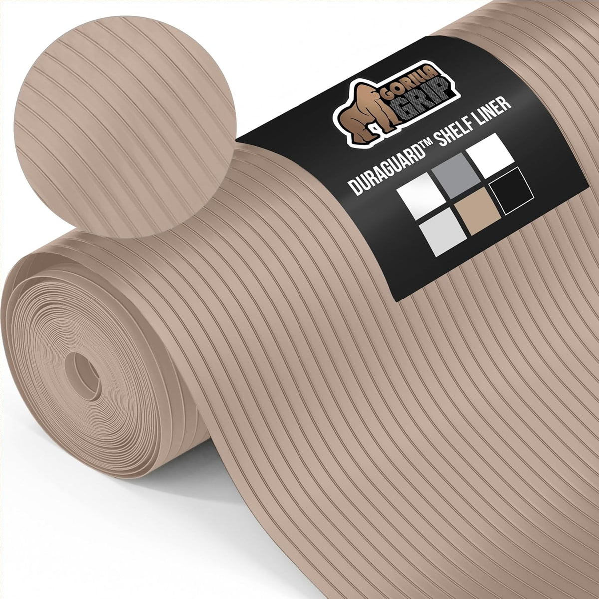 GORILLA GRIP DuraGuard Shelf Liner, Non-Adhesive Cabinet Liners for Kitchen Drawers, Shelves, Refrigerator, Pantry Storage, Bathroom Closet, Durable Waterproof BPA Free Ribbed Plastic, 12x20 Beige