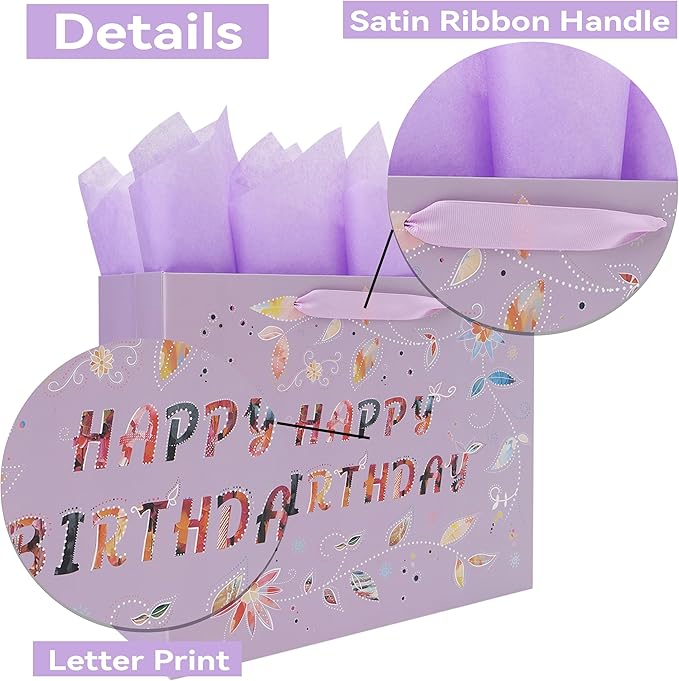 Qirrmiy 13'' Large Happy Birthday Gift Bag Set with Handles, Greeting Card, Purple Tissue Papers and Stickers for Women Girls, Purple Floral Design, 1 Pcs