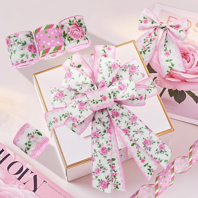 4 Rolls Pink Rose Floral Wired Edge Ribbon – 2.5 Inch, 5 Yards Each, Summer Grosgrain Set for Wedding Decor, Gift Wrapping, DIY Crafts