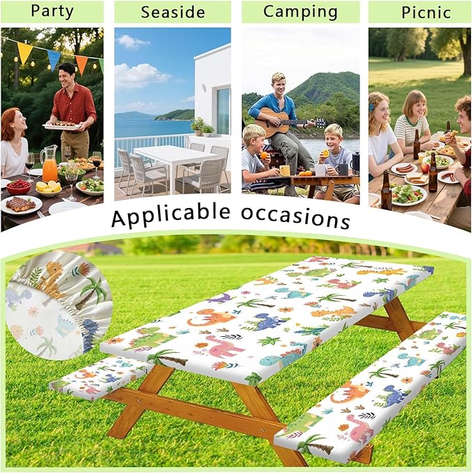 Funny Dinosaur Picnic Table Cover with Bench Covers and Bag, Camping Essentials, Animal Waterproof Windproof Fabric, Fitted Tablecloth Cover with Elastic Edge, for Indoor & Outdoor, 3 PCS, 30x96 Inch