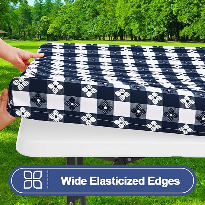 Smiry Picnic Table Cover with Bench Covers, Waterproof Elastic Fitted Tablecloth for 8 Foot Tables, Washable Polyester Tablecloths for Camping & Indoor (Dark Blue & White, 30x96 Inch 3-pc Set)