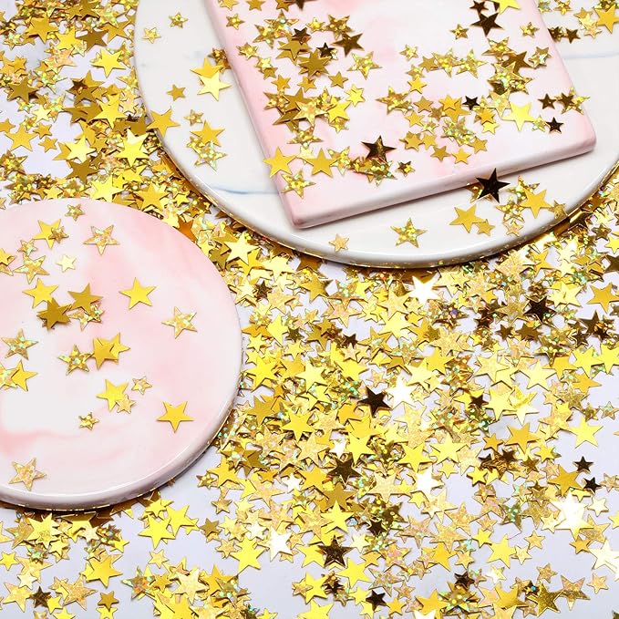 Hestya Star Confetti Glitter Table Confetti Metallic Foil Stars for Graduation Wedding Birthday Party Decorations(Glitter Gold Set,10mm and 6mm,60g)