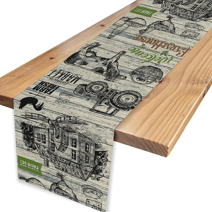 Farmhouse Cow Table Runner, Retro Rustic Country Barn Cottage Rooster Cow Animal Plank Coffee Table Center Decor for Home Kitchen Dining Patio Holiday Party Indoor Outdoor Table Decorations 13"x72"