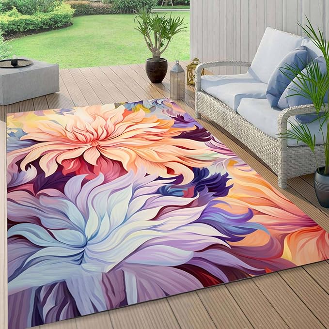 Waterproof Floral 4x6 Outdoor Rug Modern Vibrant Rugs for Balcony Patio Porch Garden Camping Pool Machine Washable Non Shed Outside Carpet Unique Easy Clean Flower Mat Lavender Peach