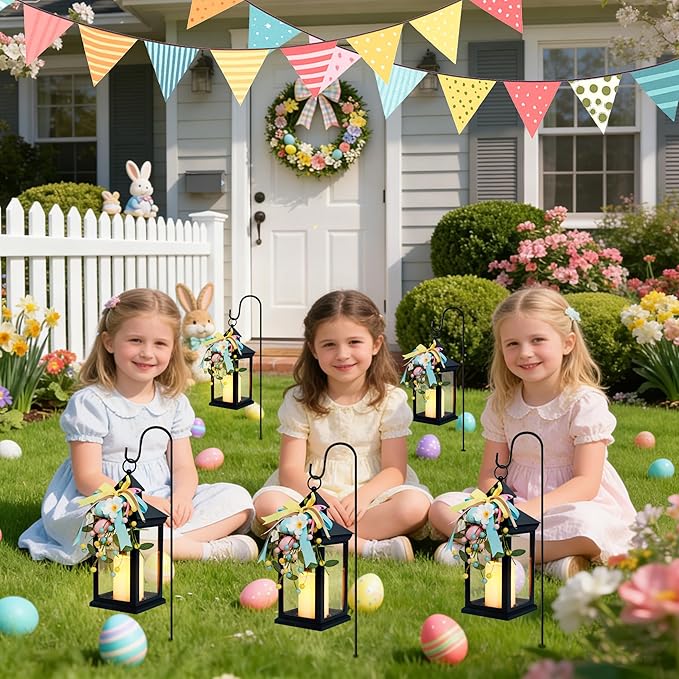 Easter Lanterns Decorative Indoor & Outdoor, 14 Inch Black Candle Lanterns with Timer Waterproof, Hanging Spring and Easter Lantern Decor for Home, Table, Porch, Patio, 2 Pack