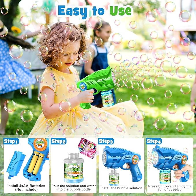 Bubble Gun Machine for Kids 4-8: 2-Pack Automatic Bubble Guns with 2 Bottles Refill Solution - Summer Outdoor Toys Bubble Blaster Maker Blower for Easter Party