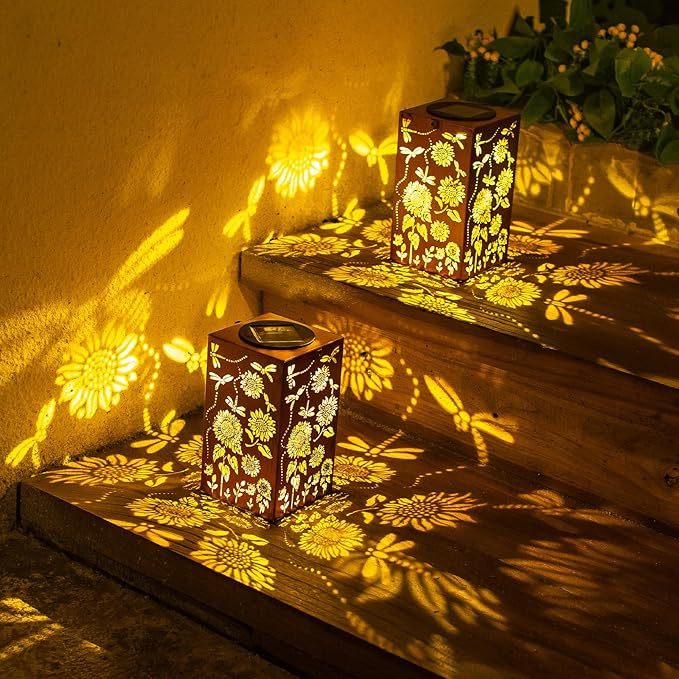 2pack Solar Lanterns Outdoor Waterproof Hanging Dragonfly Lantern Metal LED Sunflower Light Decorative Yard,Patio,Lawn,Pathway, Garden,Birthday,Christmas Gifts for Mom Grandma Women