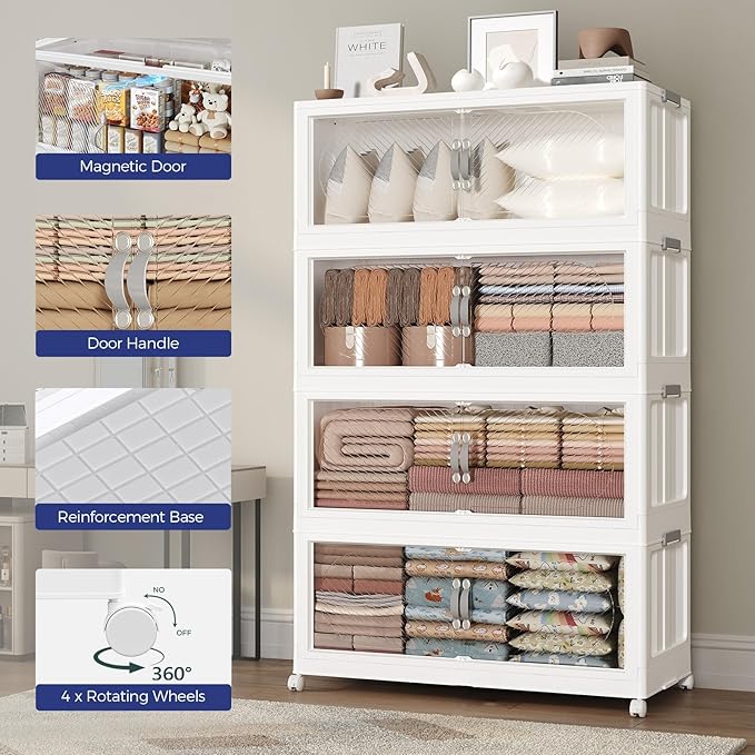 60Gal/240QT 4-Tiers Extra Large Stackable Storage Bins with Lid, Collapsible Cabinet Closet Organizer Plastic Container Box with Wheels Doors Drawers for Living Room Kitchen Office, White