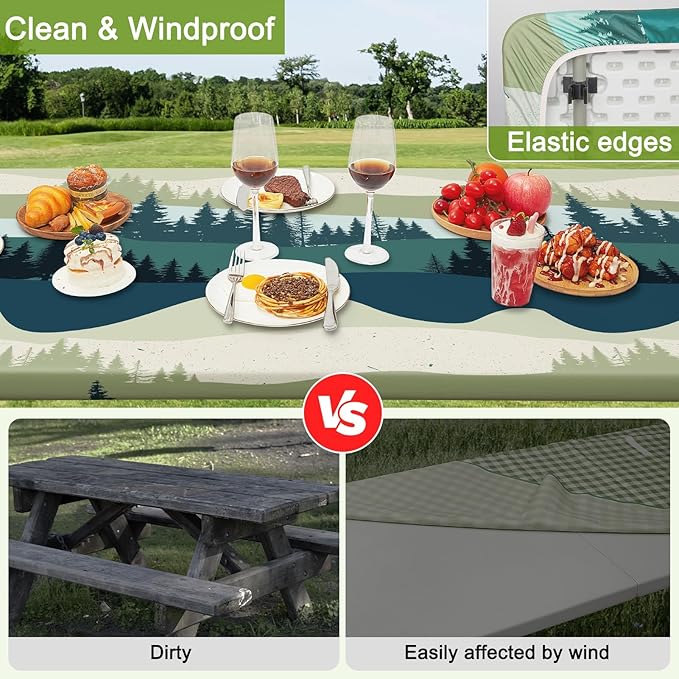 Picnic Table Cover with Bench Covers Portable Table Cloth Built-in Storage Pocket Fitted Tablecloth with Elastic Edges Waterproof Camping Essentials for Indoor Outdoor Rv,96in,Green Blue