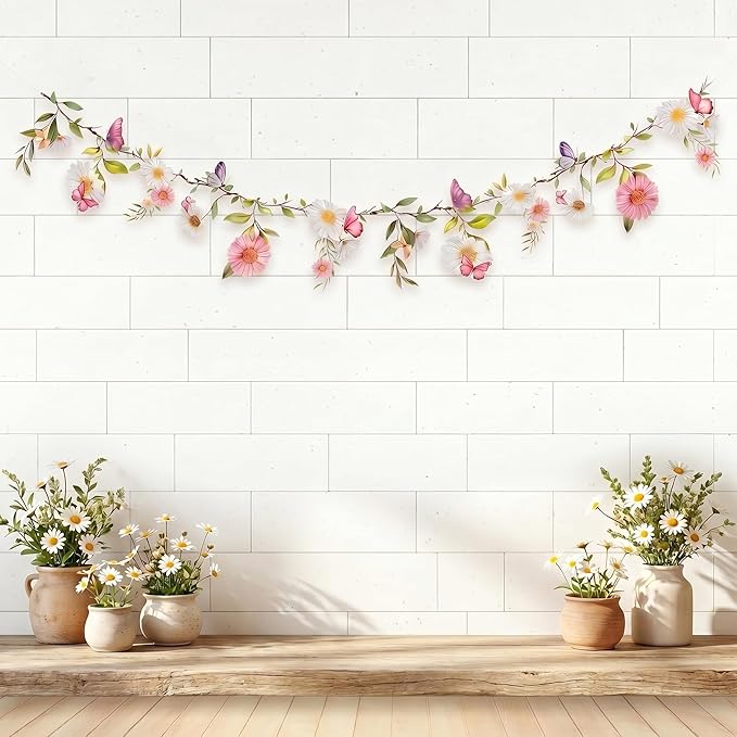 Wildflower Garland Banner,13Ft Pre-Strung Watercolor Floral Bunting, Laminated Fairy Woodland Enchanted Garden Party Decorations for Girls Birthday, Baby Shower & Spring Picnic