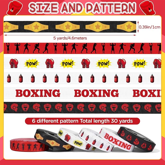6 Pieces Boxing Ribbon Set, Boxing Theme Grosgrain Ribbons, 3/8inch x 30 Yard Sandbags Ribbon, Black and Red Decorative Ribbons for Gift Wrapping DIY Birthday Party Favor Decorations