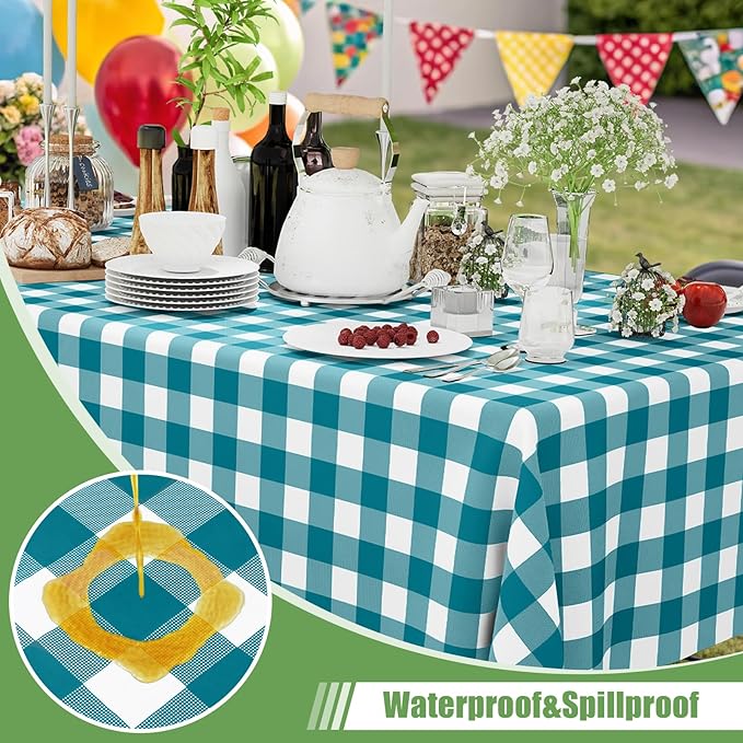 Smiry 3 Pack Turquoise Gingham Disposable Tablecloths - 54" x 108" Heavy Duty Plastic Table Cloth, Waterproof Buffalo Plaid Table Covers for Picnic, Banquets, Outdoor Parties