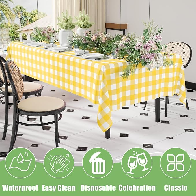 Smiry 3 Pack Yellow Gingham Disposable Tablecloths - 54" x 108" Heavy Duty Plastic Table Cloth, Waterproof Buffalo Plaid Table Covers for Picnic, Banquets, Outdoor Parties