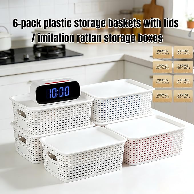 6-Pack Stackable Plastic Woven Storage Baskets with Lids, Hollow Out Weave Bins with Handles + 2 Kraft Labels (WhiteBasket+WhiteLid)