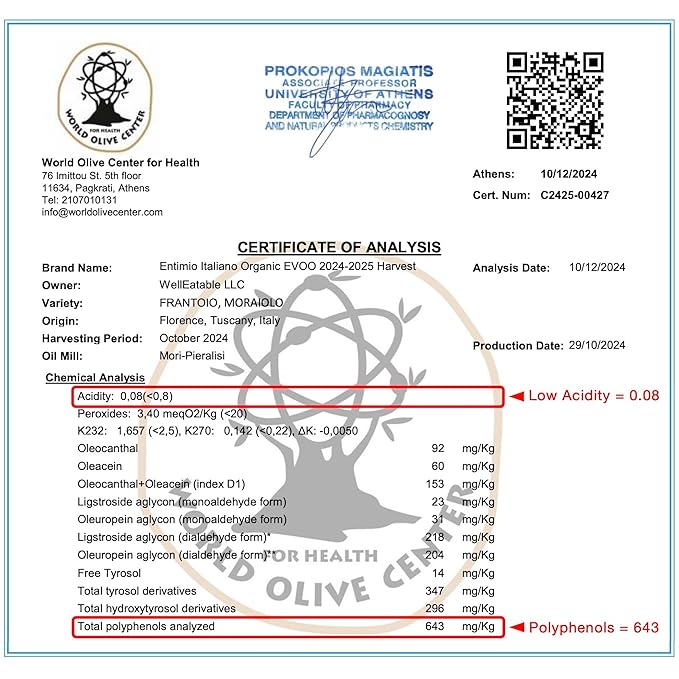 Entimio Italiano Organic Italian Extra Virgin Olive Oil from Italy, 500+ mg/kg High in Polyphenols, 2025 Gold Winner, Tuscany evoo, Cold Extracted
