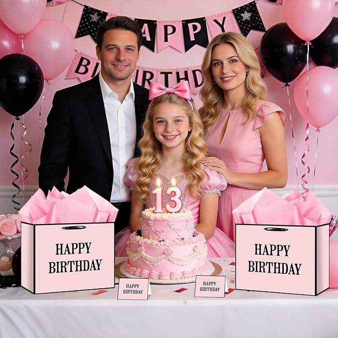 Yomaiha Pink Happy Birthday Gift Bag for Women Girls, Birthday Wrapping Paper Bag with Tissue and Card Pink Black Birth day Party Favors Supplies Decorations 11.8x9.4x5.3 inches