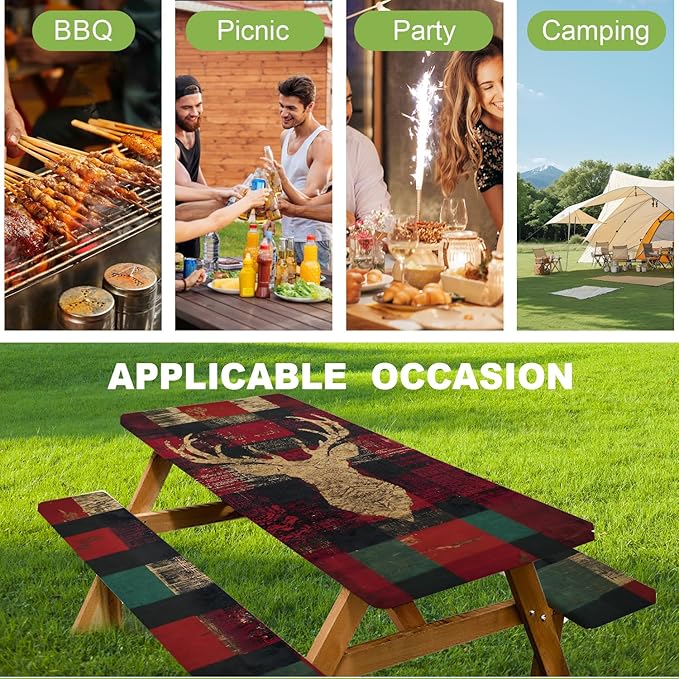 ANNA QUEEN 6FT Christmas Deer Picnic Table Cover with Bench Covers Picnic Table Cover Set 3PCS 72"x30", Waterproof Outdoor Bench and Tablecloth Furniture Protection for Camping