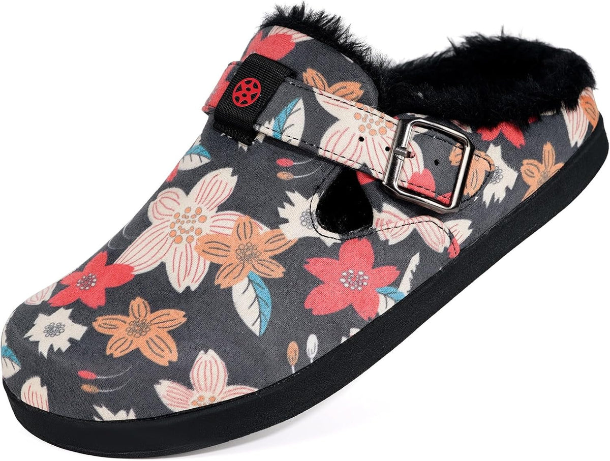 Fur Lined Clogs for Women Men Suede Winter Slippers Arch Support Slip on Mules Potato Shoes with Removable Cushion Footbed Warm Home House Shoes