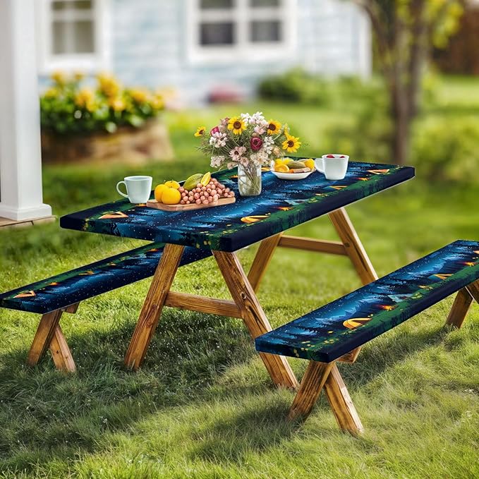 Camping Picnic Table Cover with Bench Covers, Camping Essentials, Forest Campfire Tent Flowers Outdoor Table Covers, Waterproof Windproof, Fitted Tablecloth Cover with Elastic Edge, 3 PCS, 30x60 Inch