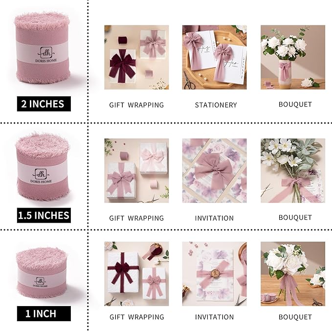 DORIS HOME Mauve Chiffon Ribbon for Flower Bouquet, 2" x21Yd Fabric Ribbon for Gift Wrapping, Handmade Frayed Ribbon for Wedding/Christmas Decorations