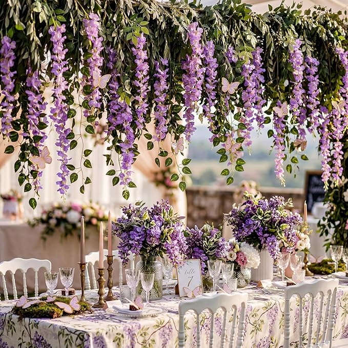 Canlierr 58 Pcs Fairy Party Garland Decoration Artificial Wisteria Hanging Flowers Garland 3.6 Feet Vine Rattan Ivy Greenery Butterfly Decor for Spring Home Garden Wedding Party (Purple)