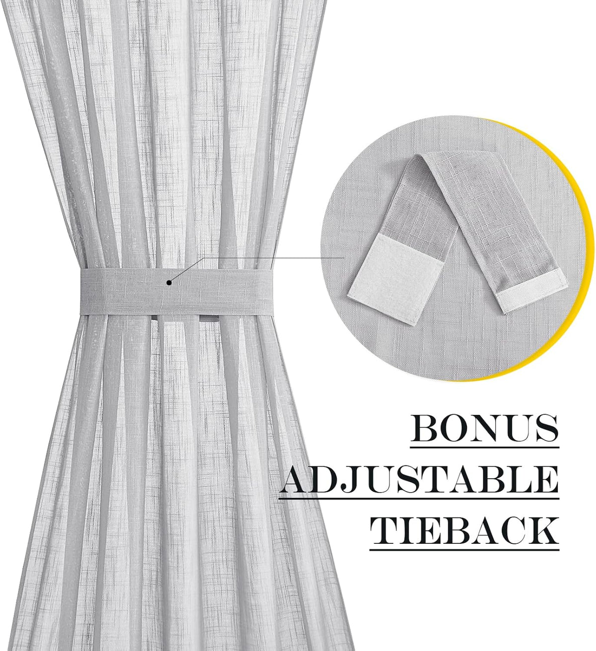 NICETOWN Linen Door Curtains 40 Inches Long, Dual Rod Pocket Semi Sheer Sidelight French Door Curtains for Kitchen Glass with Tieback for Privacy Protection, W26 x L40, 1 Panel, Light Grey